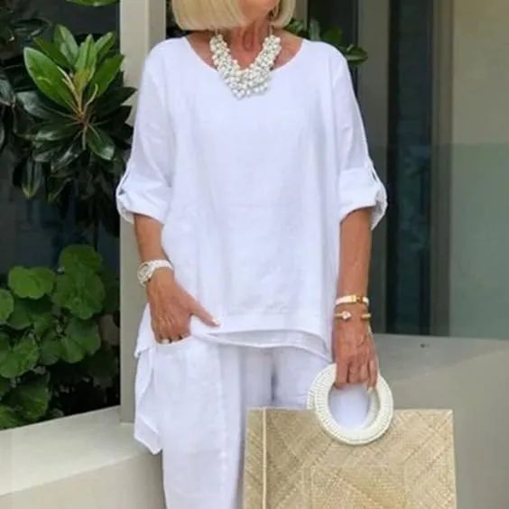 2 Piece Linen Pants Suit for Women Dressy Casual Loose Chiffon Pants Wedding Guest Dressy Evening Gowns Dress Suits