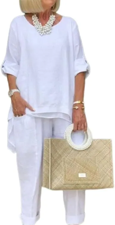 2 Piece Linen Pants Suit for Women Dressy Casual Loose Chiffon Pants Wedding Guest Dressy Evening Gowns Dress Suits