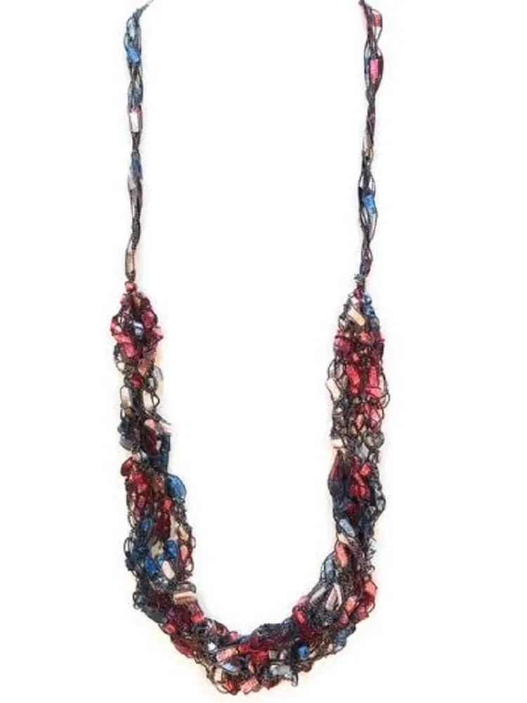 Adjustable Ladder Yarn Necklace Scarf Dusty Rose Blue Denim