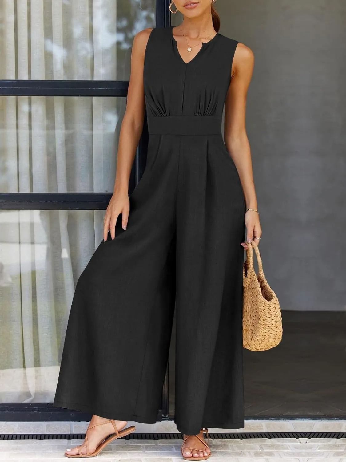 ANRABESS Jumpsuits for Women Summer Dressy Casual Linen Romper Sleeveless V Neck High Waist Wide Leg Beach Vacation Outfits