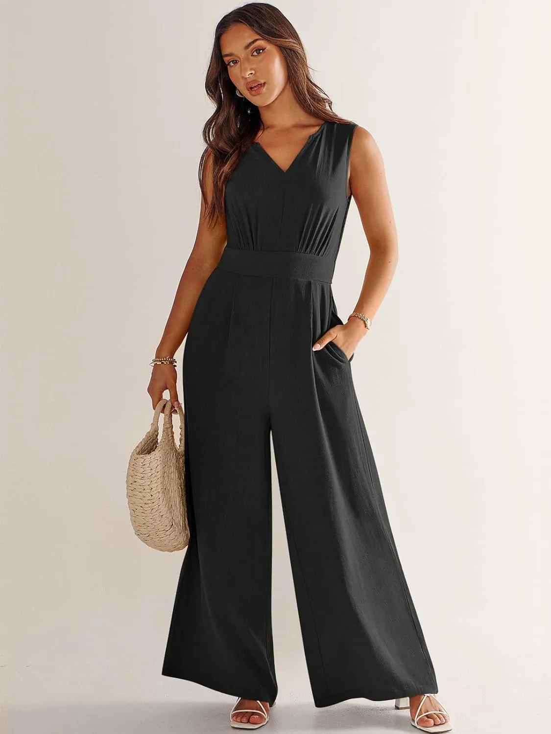 ANRABESS Jumpsuits for Women Summer Dressy Casual Linen Romper Sleeveless V Neck High Waist Wide Leg Beach Vacation Outfits