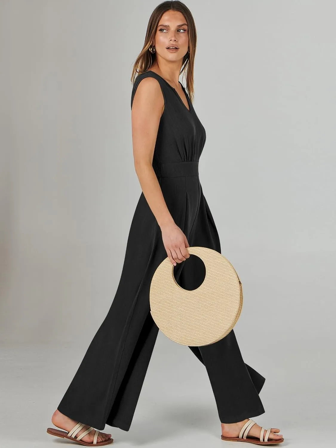 ANRABESS Jumpsuits for Women Summer Dressy Casual Linen Romper Sleeveless V Neck High Waist Wide Leg Beach Vacation Outfits