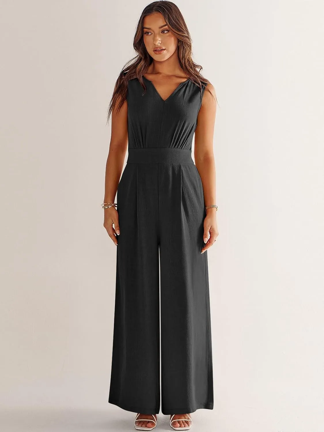 ANRABESS Jumpsuits for Women Summer Dressy Casual Linen Romper Sleeveless V Neck High Waist Wide Leg Beach Vacation Outfits