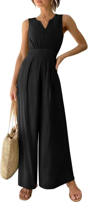 ANRABESS Jumpsuits for Women Summer Dressy Casual Linen Romper Sleeveless V Neck High Waist Wide Leg Beach Vacation Outfits