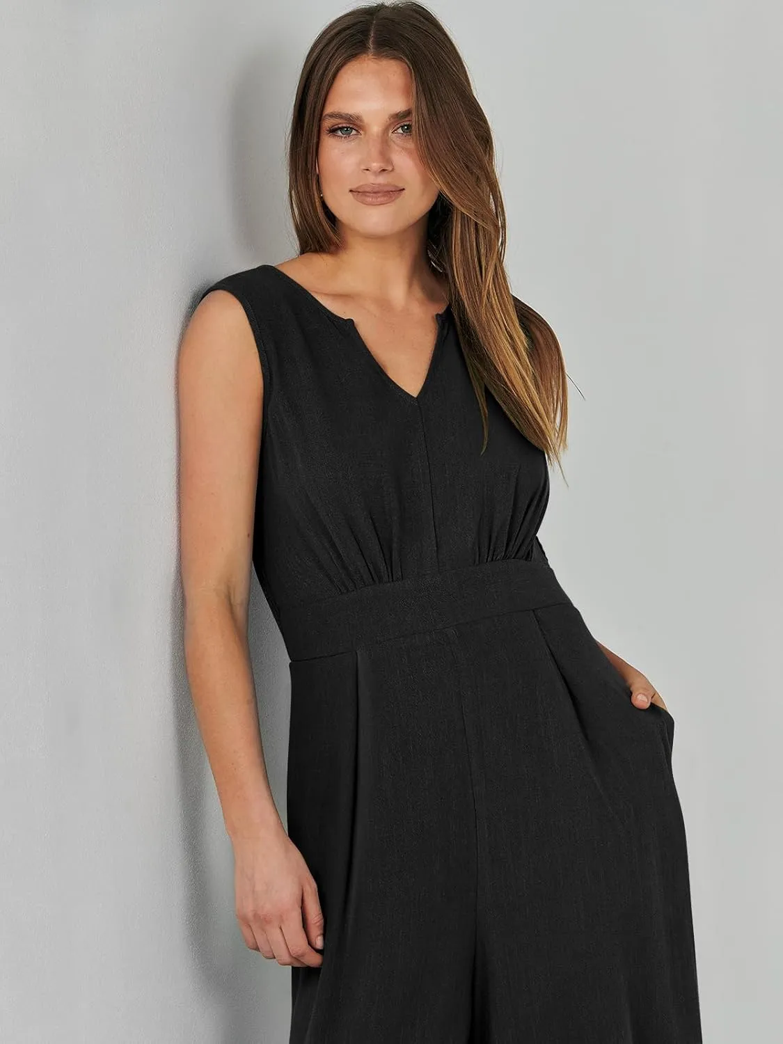 ANRABESS Jumpsuits for Women Summer Dressy Casual Linen Romper Sleeveless V Neck High Waist Wide Leg Beach Vacation Outfits