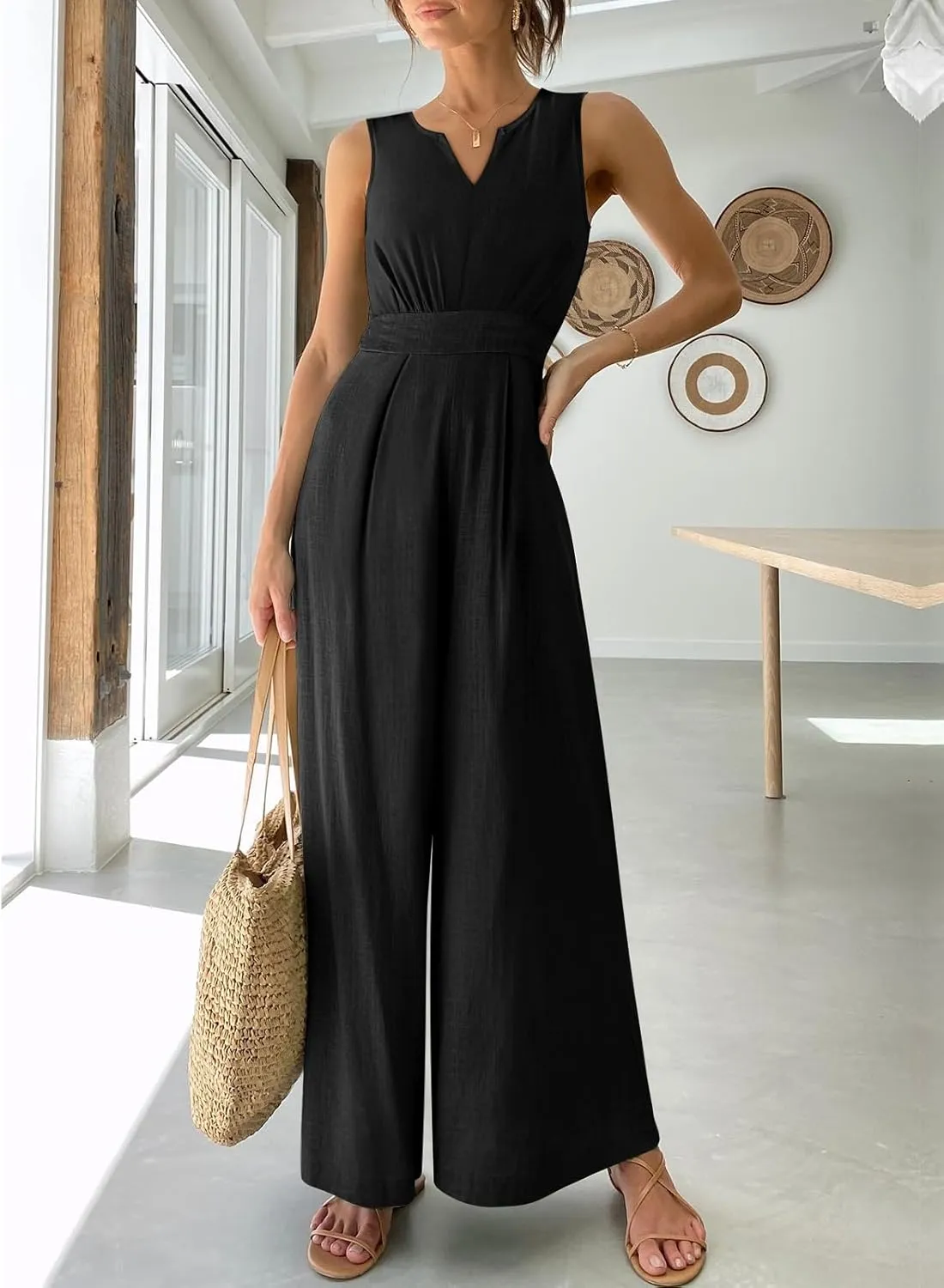 ANRABESS Jumpsuits for Women Summer Dressy Casual Linen Romper Sleeveless V Neck High Waist Wide Leg Beach Vacation Outfits