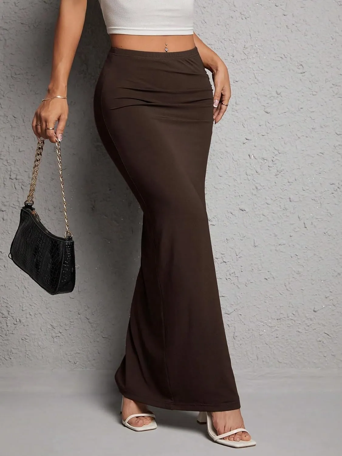 Beach Causal Women's Skirt Women Plain Color Side Slit Hem Maxi Casual Skirt
