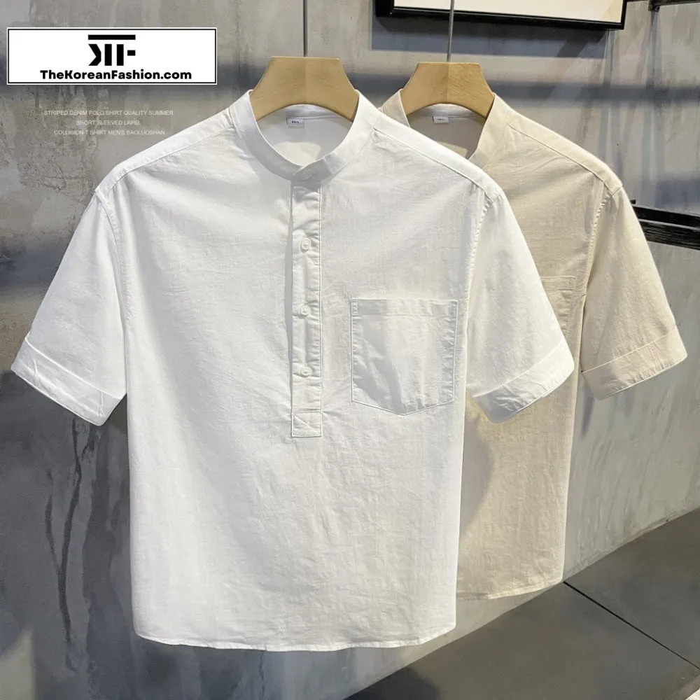 Breathable Cotton Linen Stand Collar Shirt