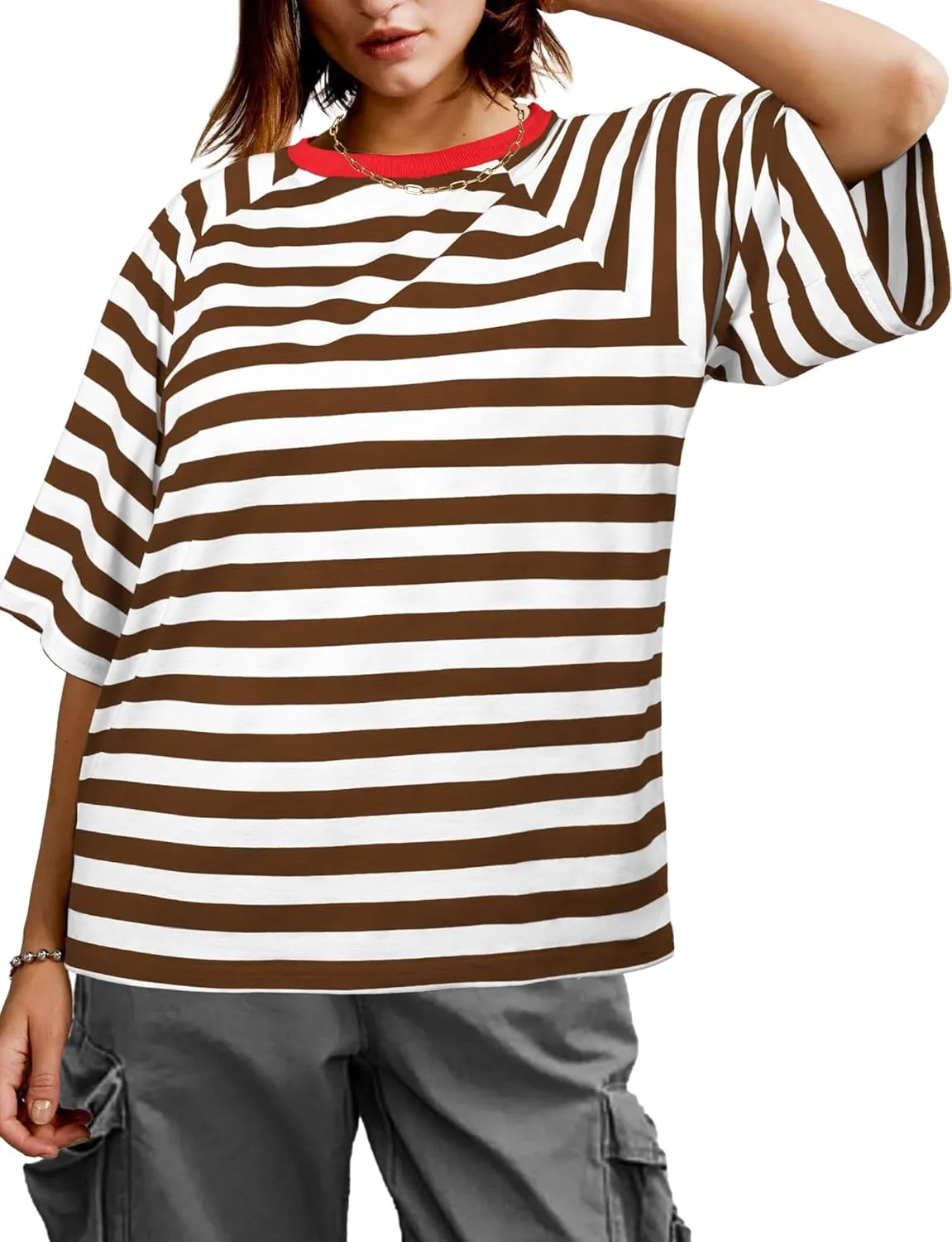 Buauty Women Oversized Striped T Shirts, Color Block Summer Tops, Crew Neck Short Sleeve Casual Tee, Fashion Trendy Loose Top