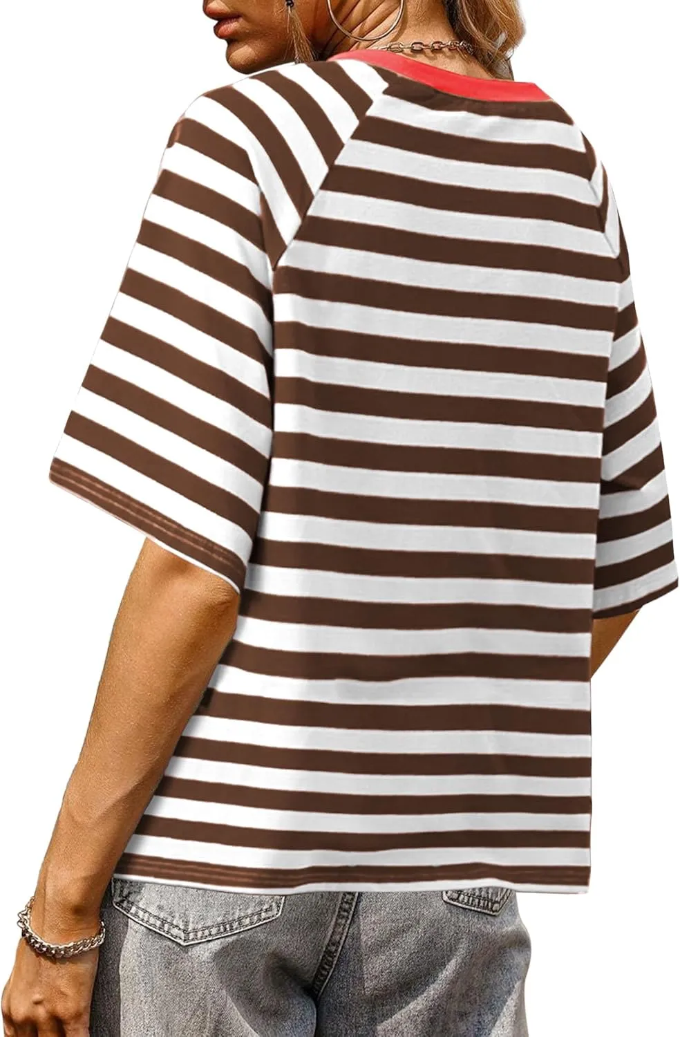 Buauty Women Oversized Striped T Shirts, Color Block Summer Tops, Crew Neck Short Sleeve Casual Tee, Fashion Trendy Loose Top