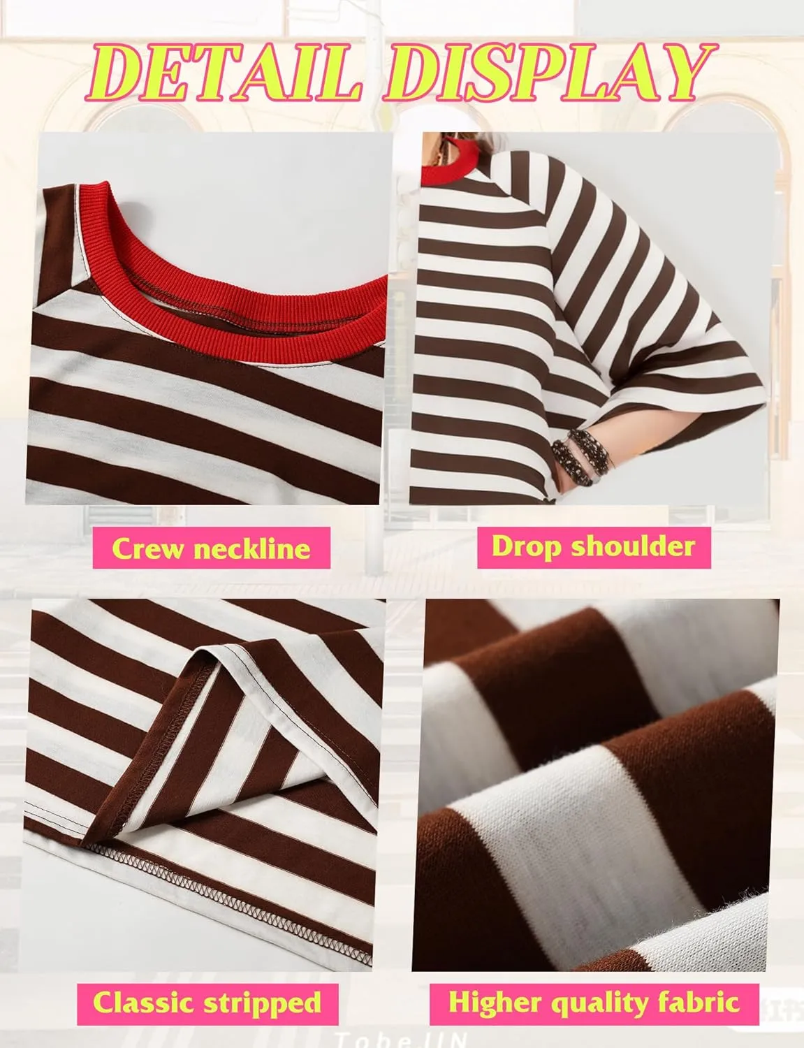 Buauty Women Oversized Striped T Shirts, Color Block Summer Tops, Crew Neck Short Sleeve Casual Tee, Fashion Trendy Loose Top