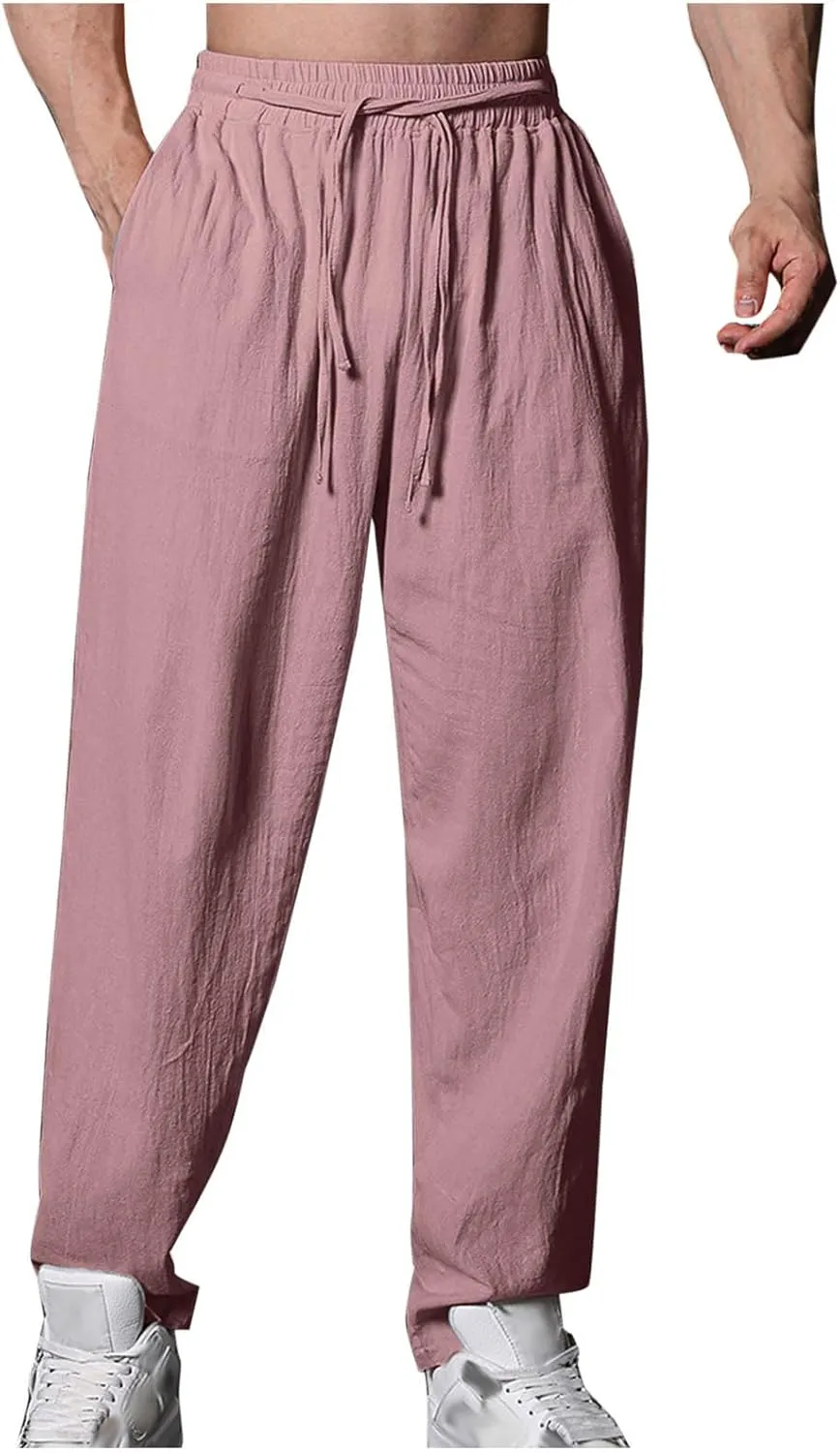 Cambkatl Cotton Linen Pants for Men Casual 2025 Summer Elastic Waist Drawstring Lightweight Loose Beach Travel Lounge Pants
