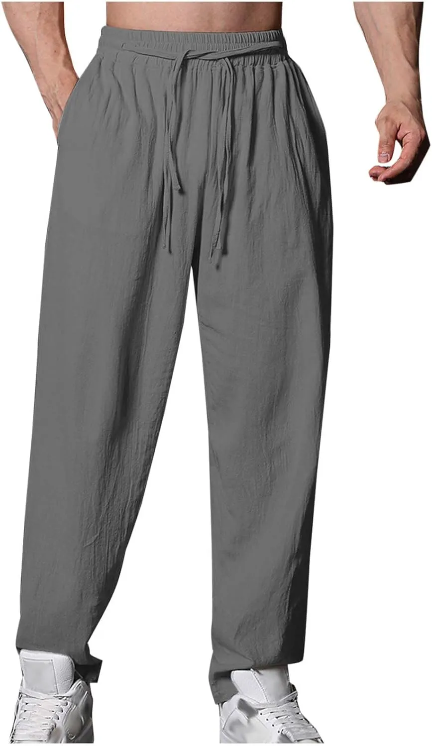 Cambkatl Cotton Linen Pants for Men Casual 2025 Summer Elastic Waist Drawstring Lightweight Loose Beach Travel Lounge Pants