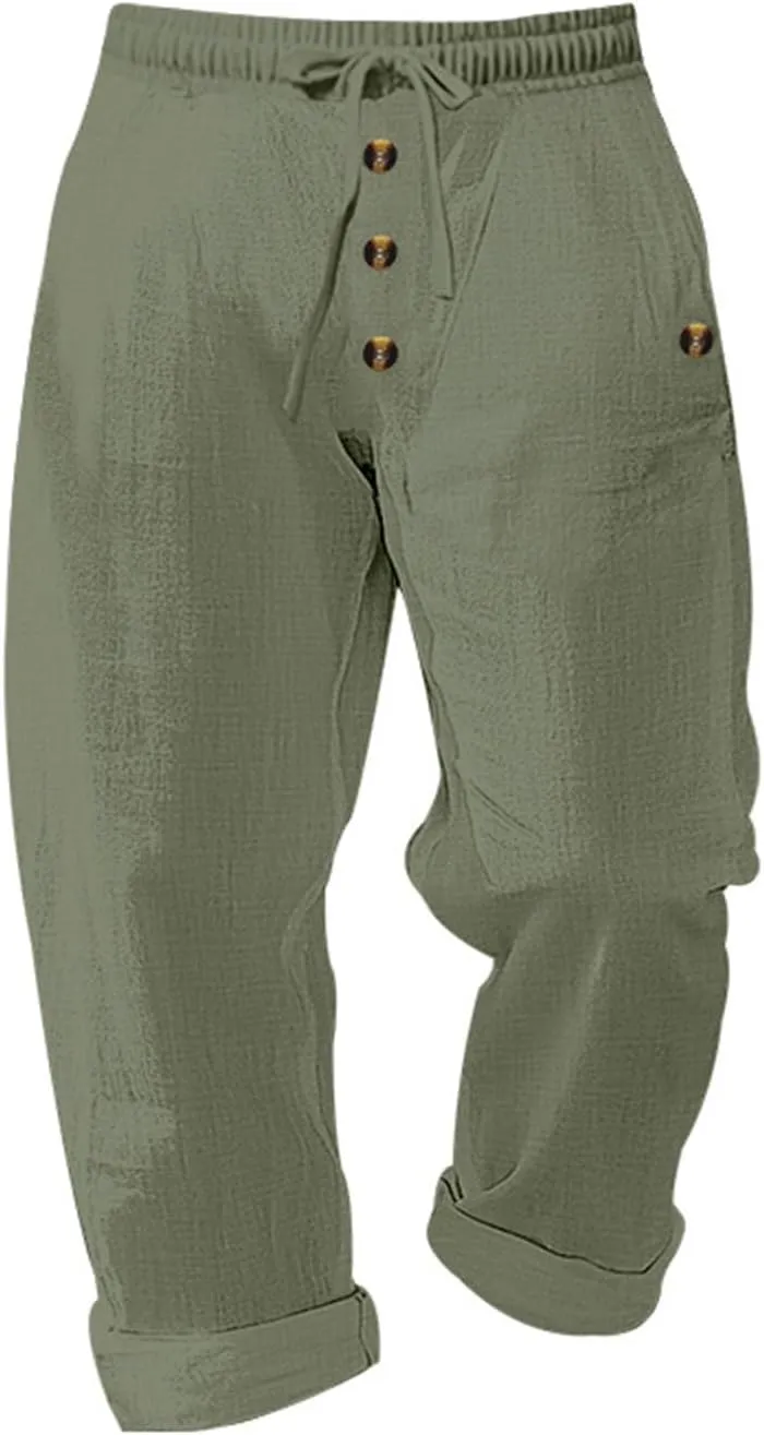 Cambkatl Men's Cotton Linen Pants Lightweight Casual Summer Drawstring Elastic Waist Yoga Beach Long Pants with Pockets