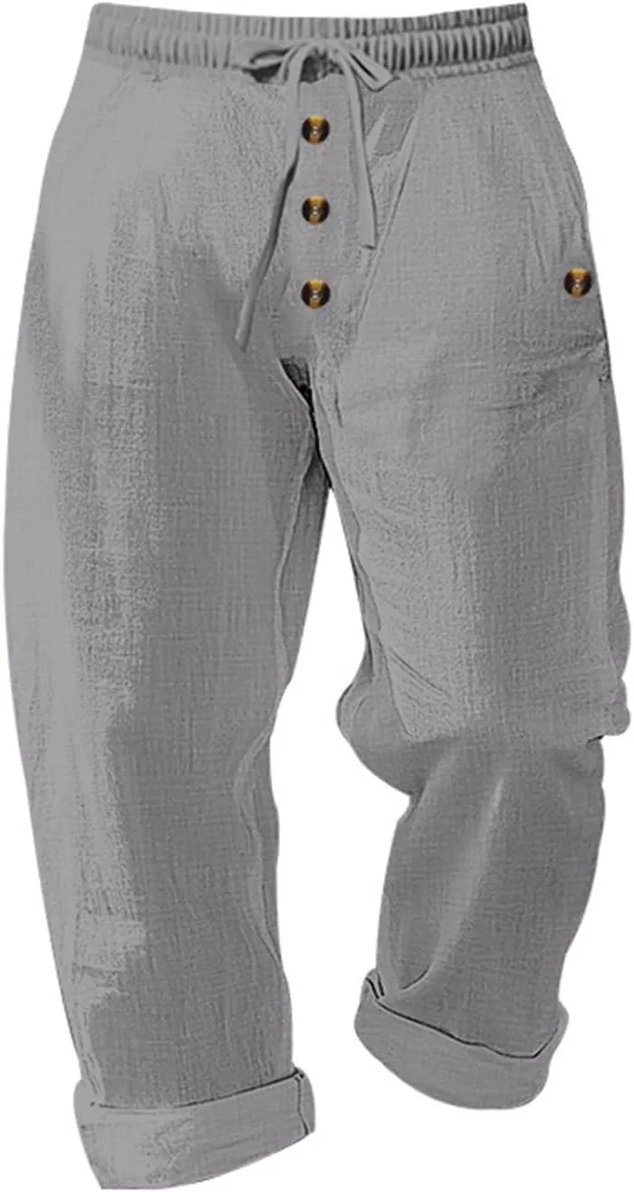 Cambkatl Men's Cotton Linen Pants Lightweight Casual Summer Drawstring Elastic Waist Yoga Beach Long Pants with Pockets