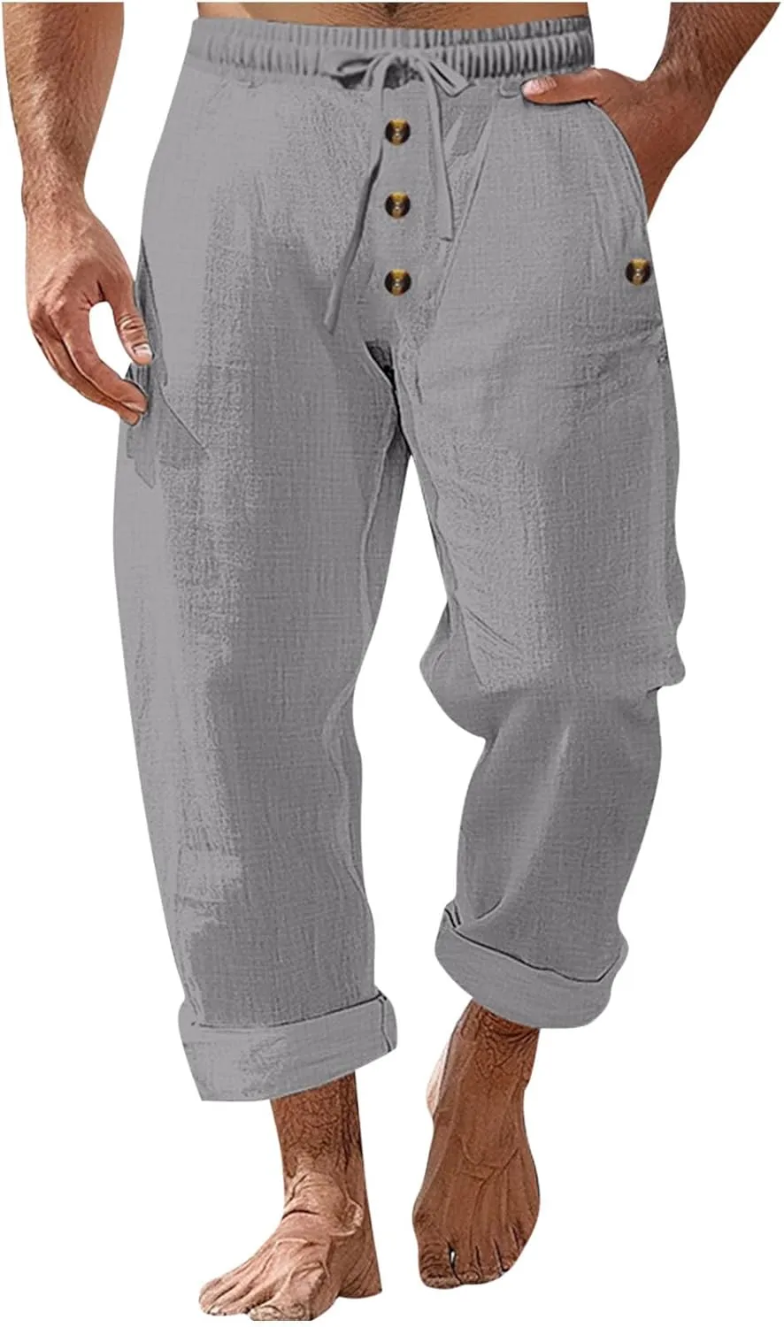 Cambkatl Men's Cotton Linen Pants Lightweight Casual Summer Drawstring Elastic Waist Yoga Beach Long Pants with Pockets