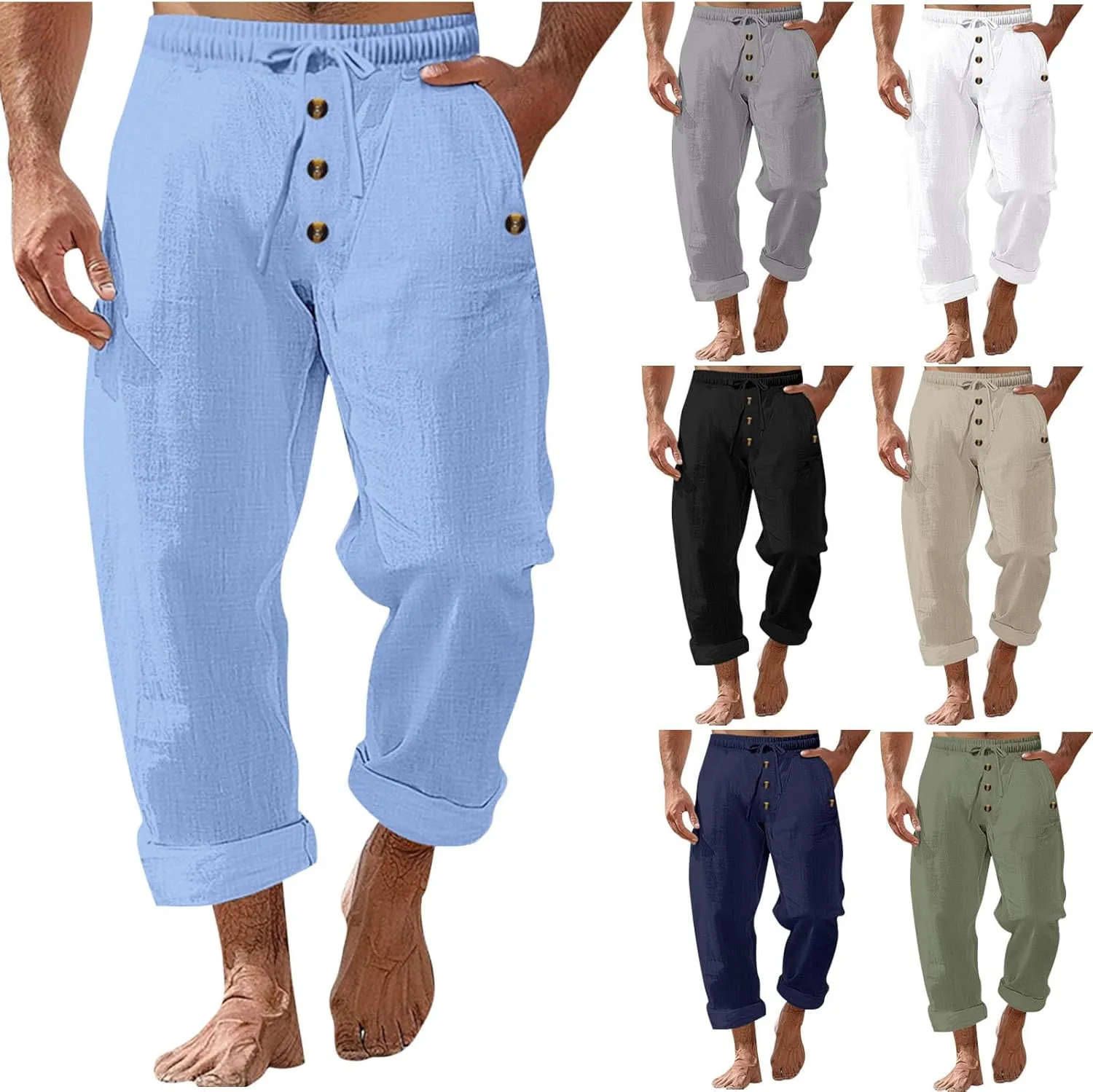 Cambkatl Men's Cotton Linen Pants Lightweight Casual Summer Drawstring Elastic Waist Yoga Beach Long Pants with Pockets