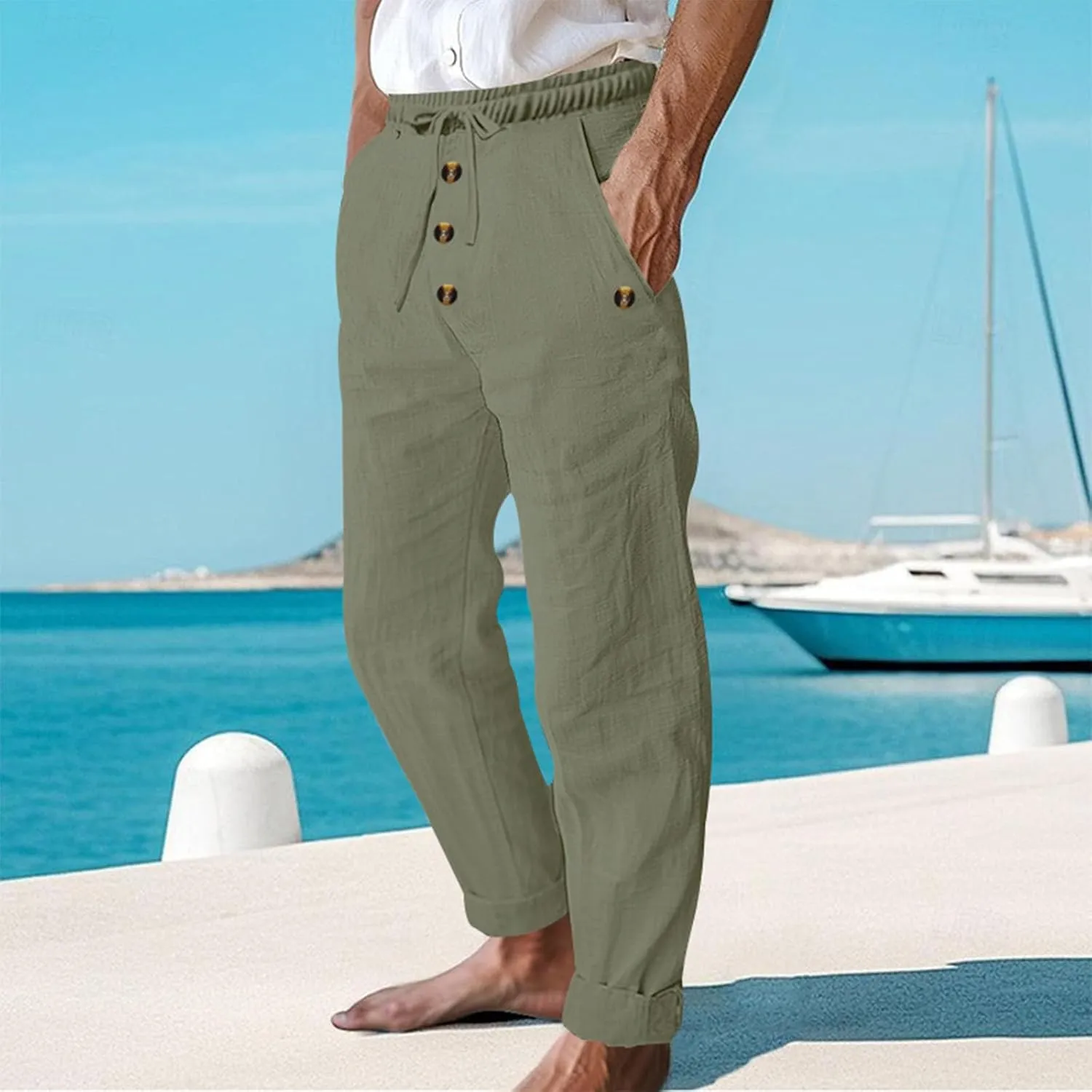 Cambkatl Men's Cotton Linen Pants Lightweight Casual Summer Drawstring Elastic Waist Yoga Beach Long Pants with Pockets