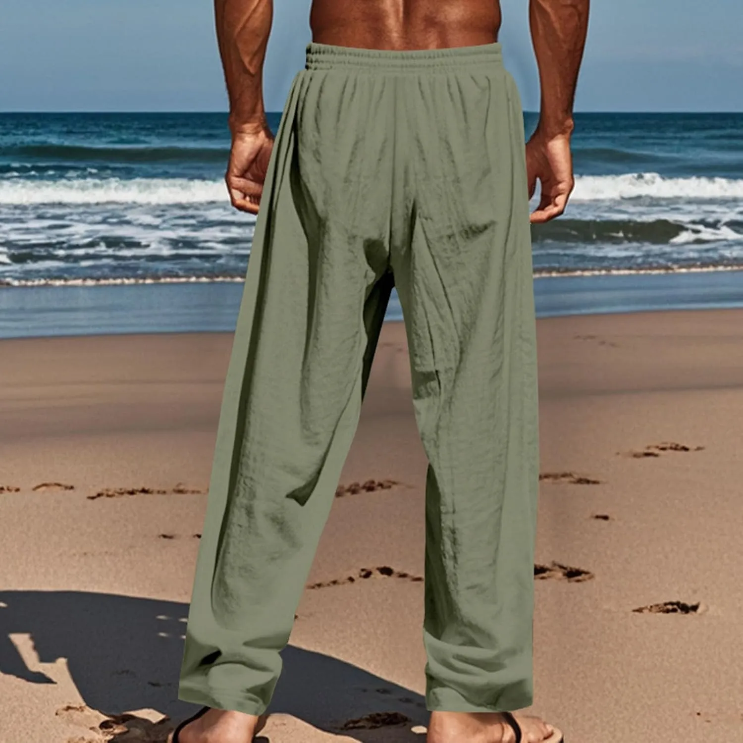 Cambkatl Men's Cotton Linen Pants Lightweight Casual Summer Drawstring Elastic Waist Yoga Beach Long Pants with Pockets
