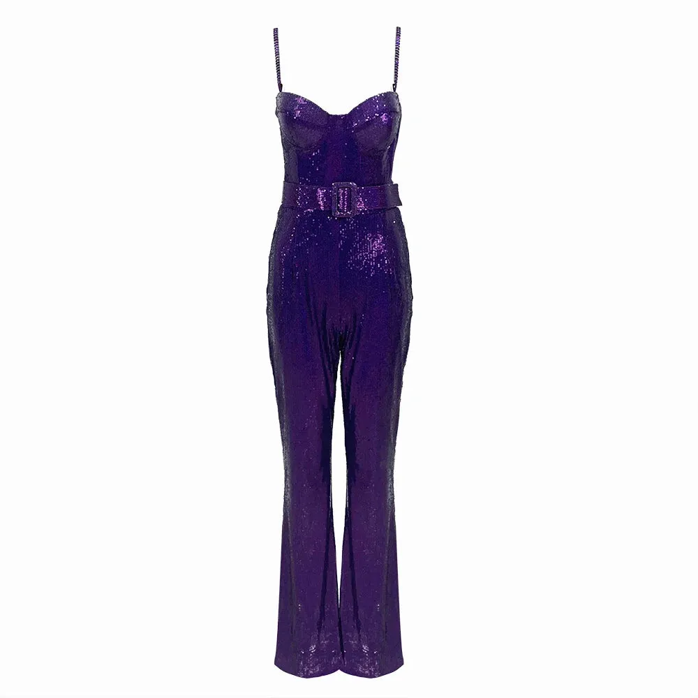 Chic Rhinestone Strap Sequin Bodycon Jumpsuit