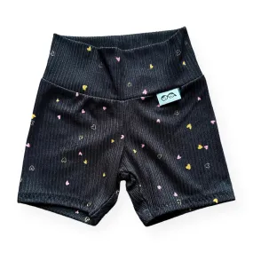 Dainty Hearts on Black Ribbed Biker Shorts
