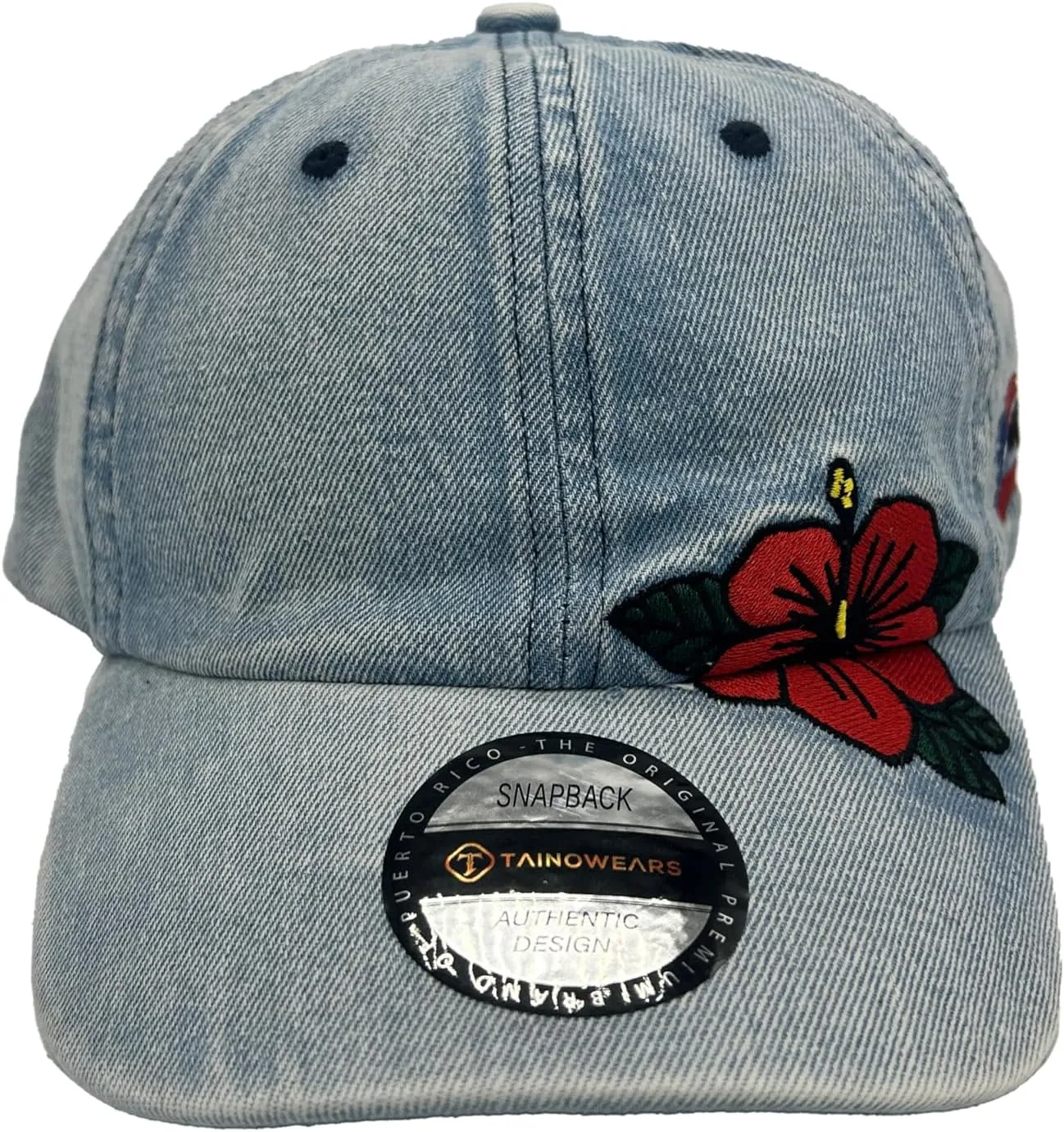 Denim Baseball Cap with Puerto Rico Flag and Flor MAGA Embroidered, Curved Brim Baseball Hat for Adult Unisex, Trendy Embroidered Design