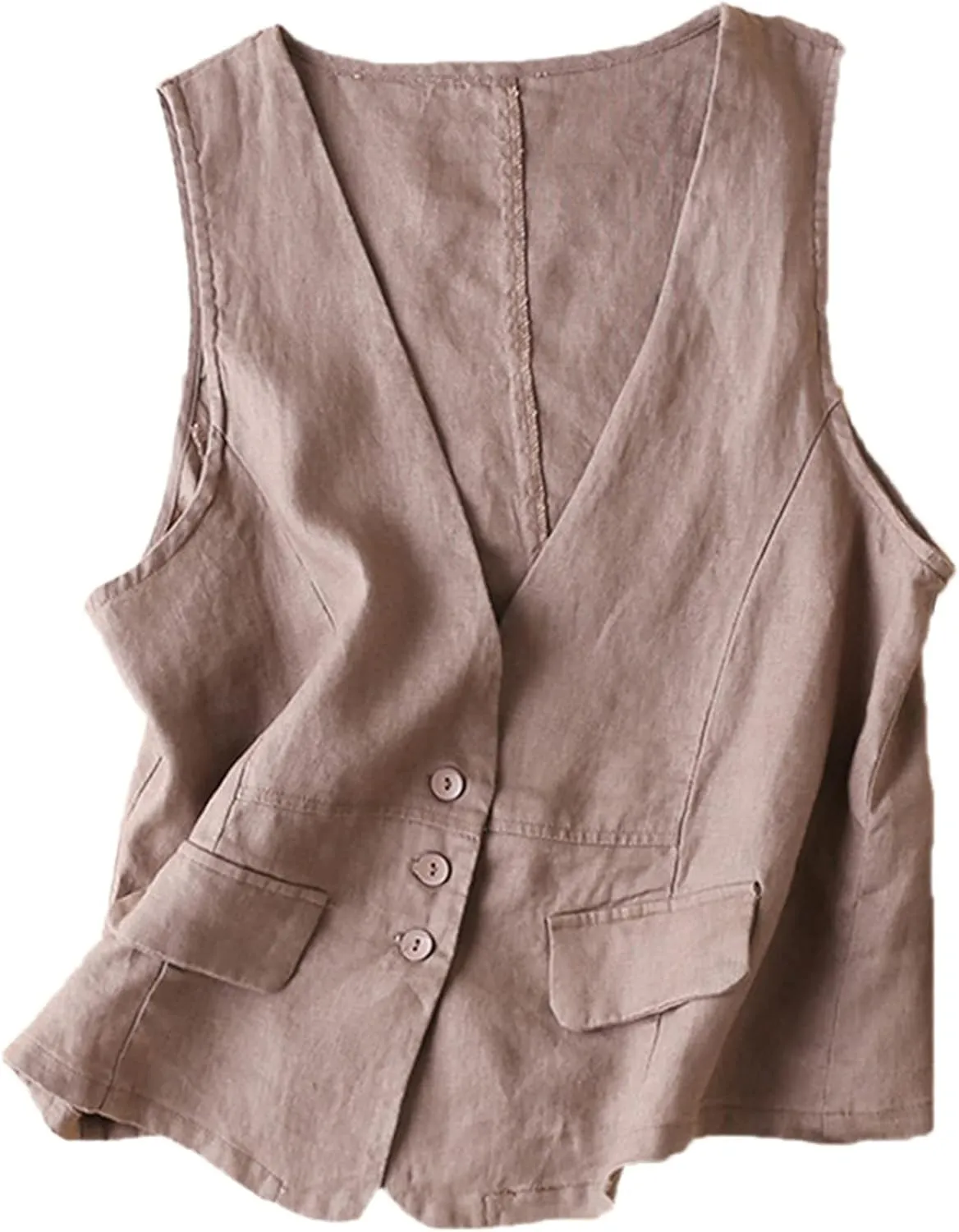 Dongfeng Women's Cotton Linen Sleeveless Vest Casual V Neck Button Down Blazer Waistcoat Jackets