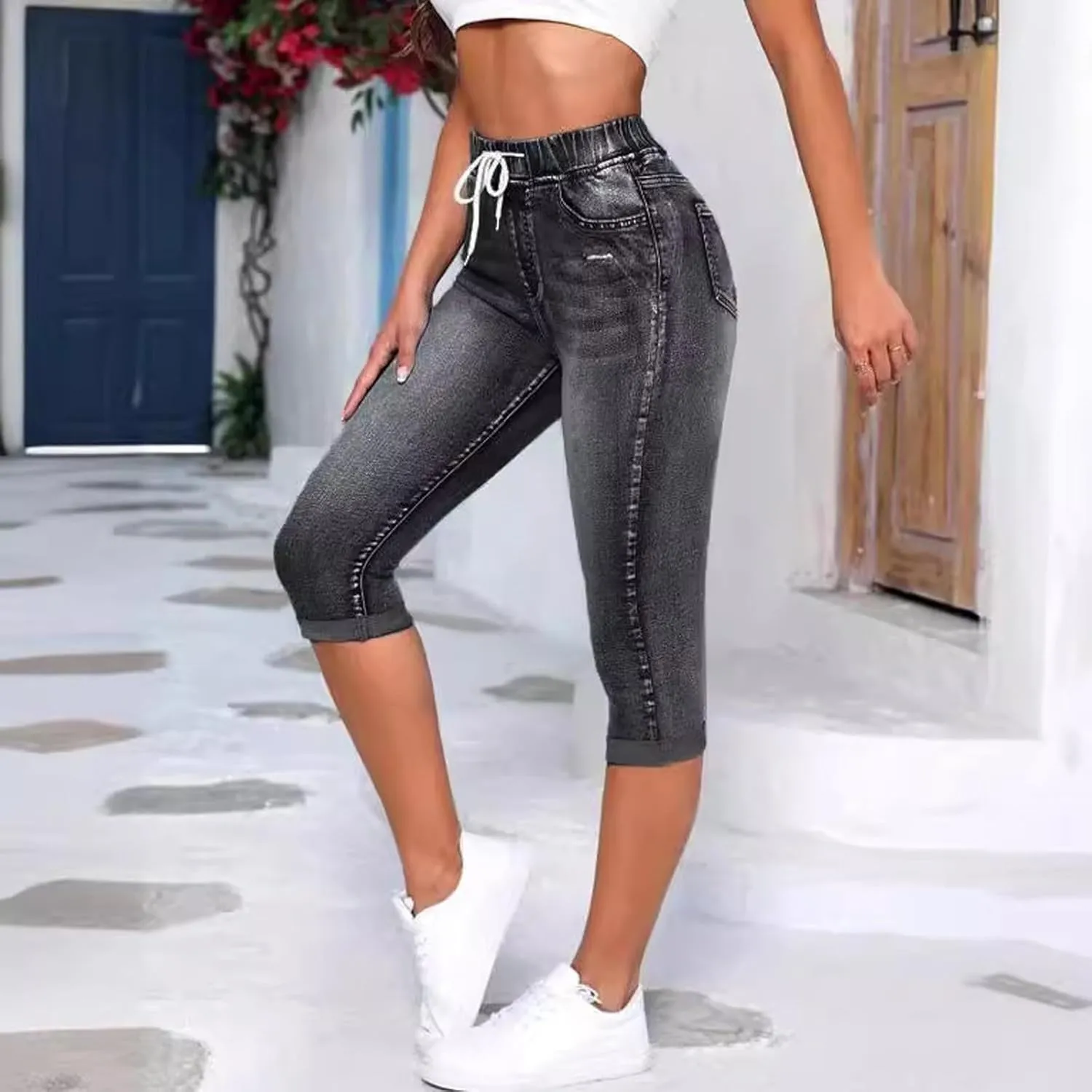 Drawstring High Waisted Jeans for Women Stretchy Tummy Control Pull On Jeans Distressed Classic Jeggings Denim Pants