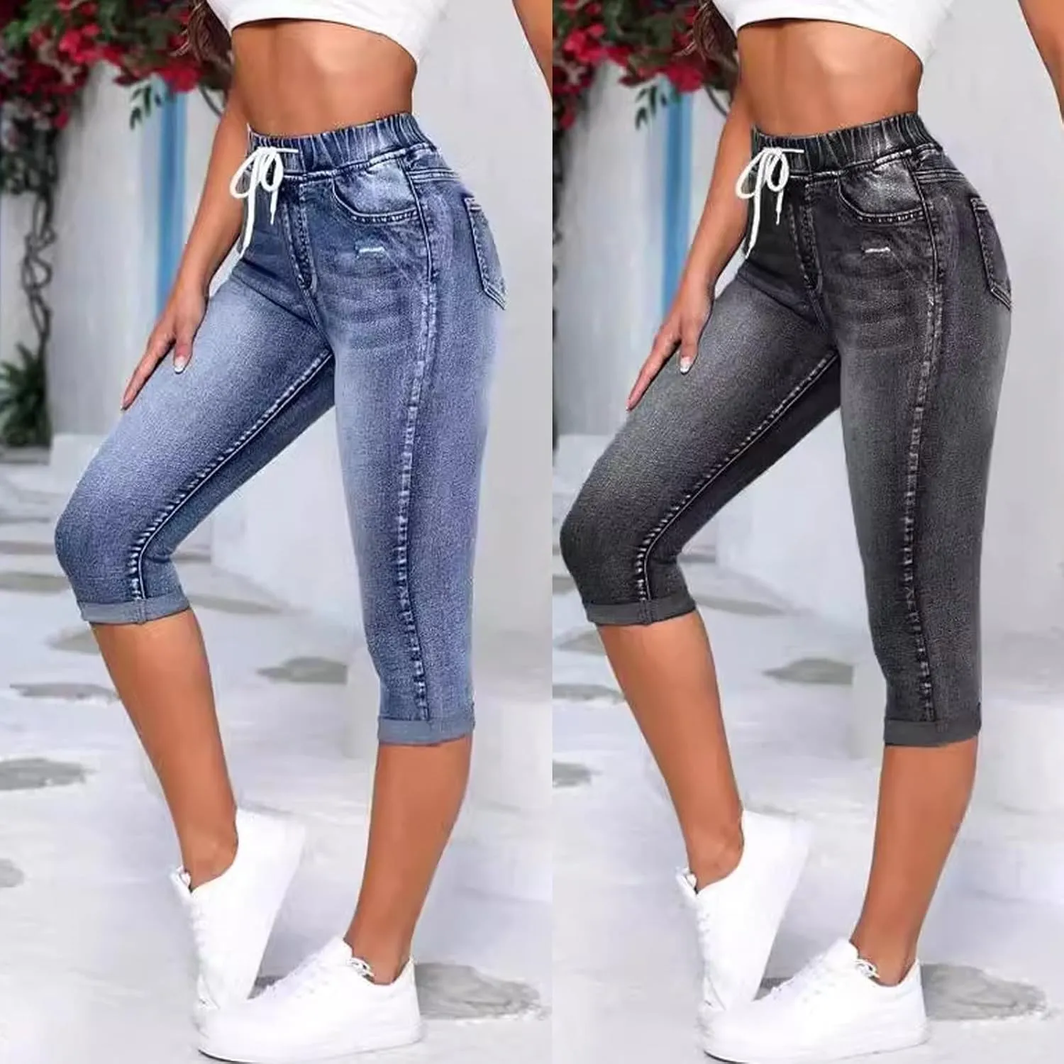 Drawstring High Waisted Jeans for Women Stretchy Tummy Control Pull On Jeans Distressed Classic Jeggings Denim Pants