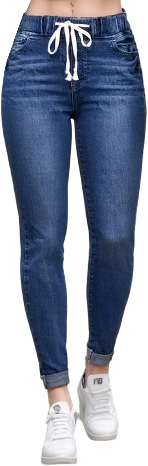 Drawstring High Waisted Jeans for Women Stretchy Tummy Control Pull On Jeans Distressed Classic Jeggings Denim Pants