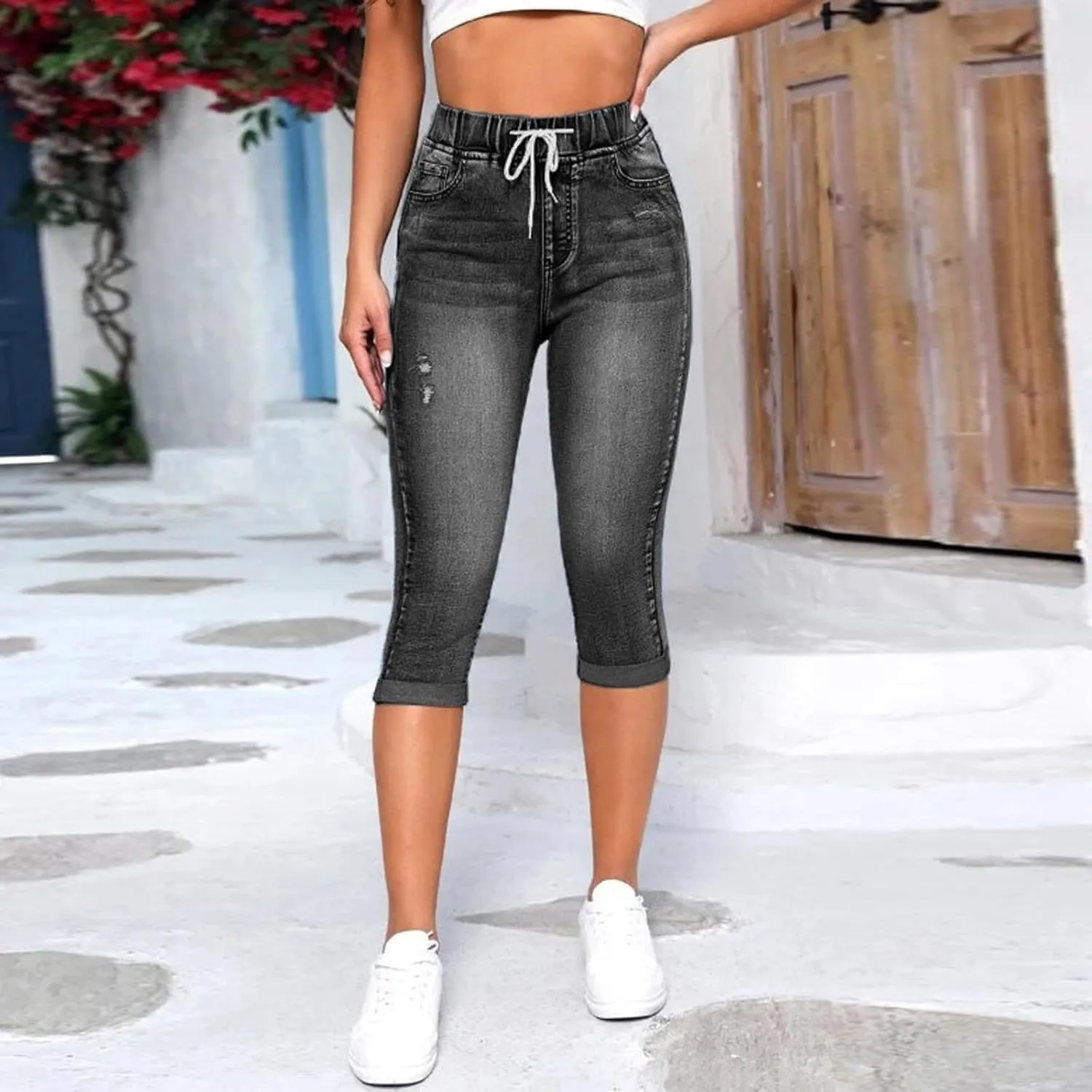 Drawstring High Waisted Jeans for Women Stretchy Tummy Control Pull On Jeans Distressed Classic Jeggings Denim Pants