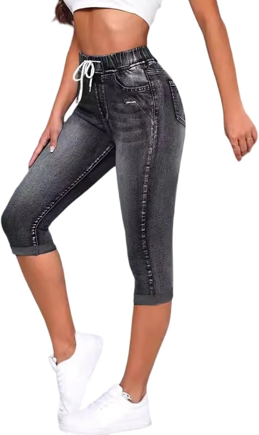 Drawstring High Waisted Jeans for Women Stretchy Tummy Control Pull On Jeans Distressed Classic Jeggings Denim Pants