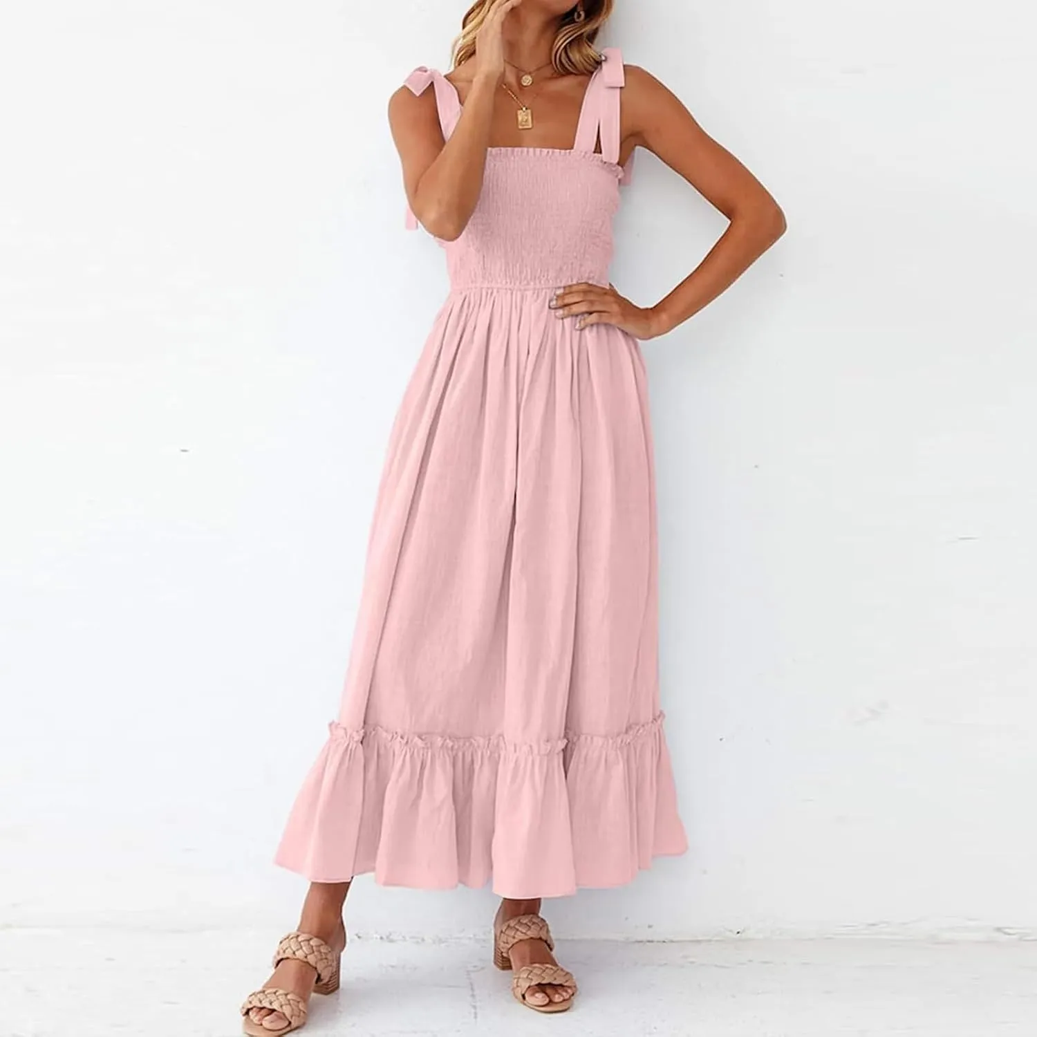 Dresses for Women 2025 Summer Boho Sleeveless Square Neck Ruffle Flowy Swing Dress A Line Beach Maxi Dress Sundress