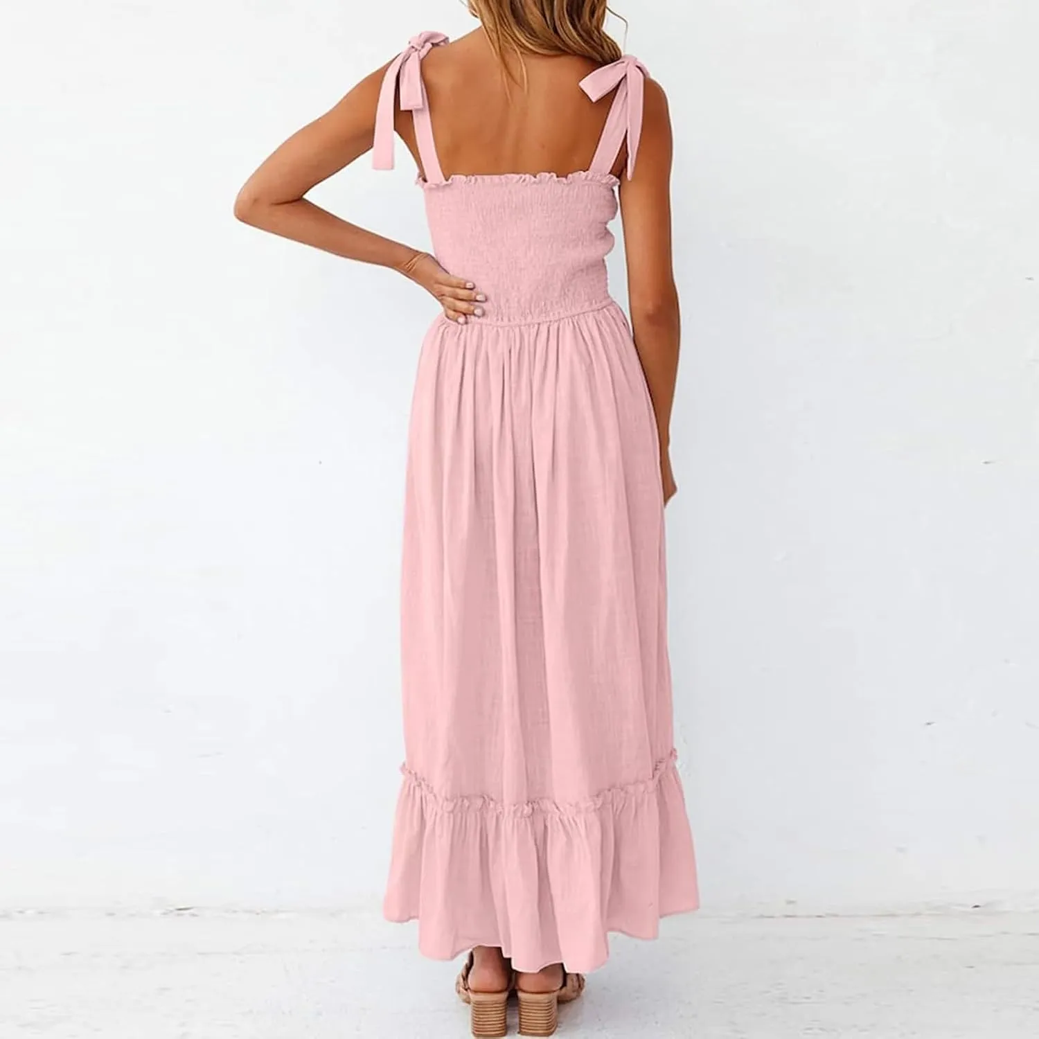 Dresses for Women 2025 Summer Boho Sleeveless Square Neck Ruffle Flowy Swing Dress A Line Beach Maxi Dress Sundress