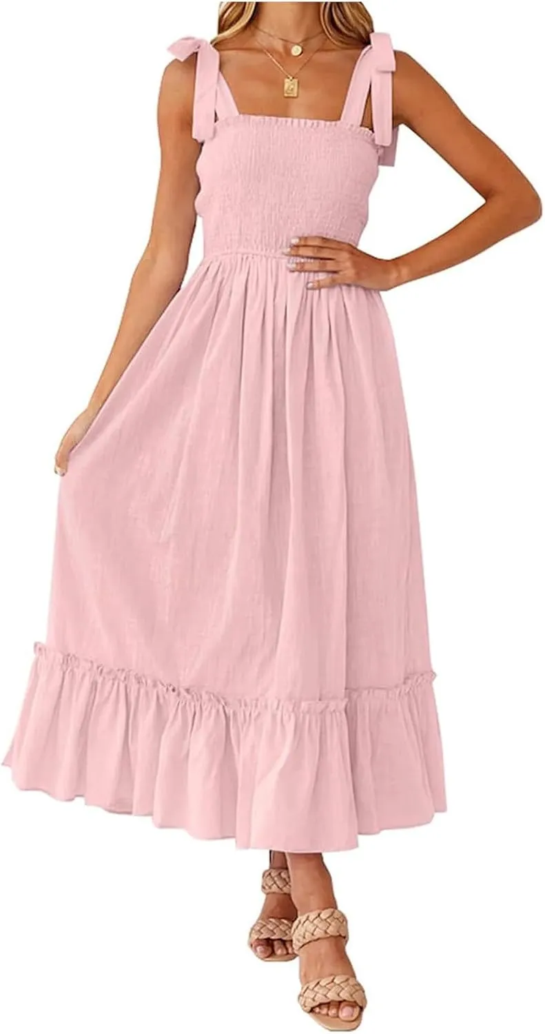 Dresses for Women 2025 Summer Boho Sleeveless Square Neck Ruffle Flowy Swing Dress A Line Beach Maxi Dress Sundress