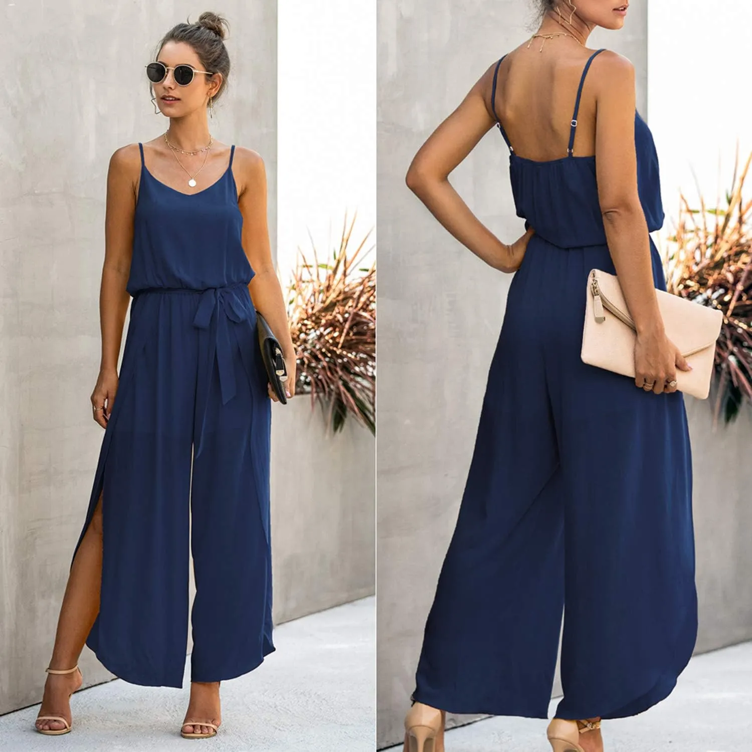 ECOWISH Womens Jumpsuit Spaghetti Strap Wide Leg Split Jumpsuits Long Overalls Summer Beach Loose Fit Rompers…