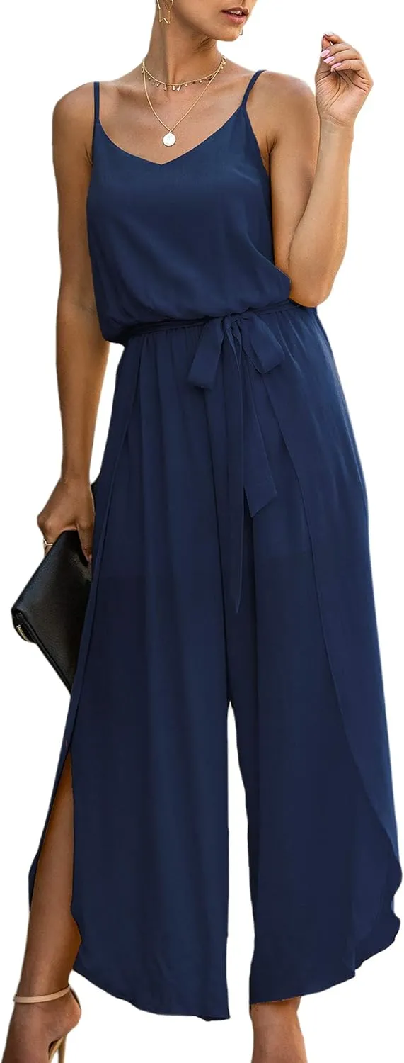 ECOWISH Womens Jumpsuit Spaghetti Strap Wide Leg Split Jumpsuits Long Overalls Summer Beach Loose Fit Rompers…