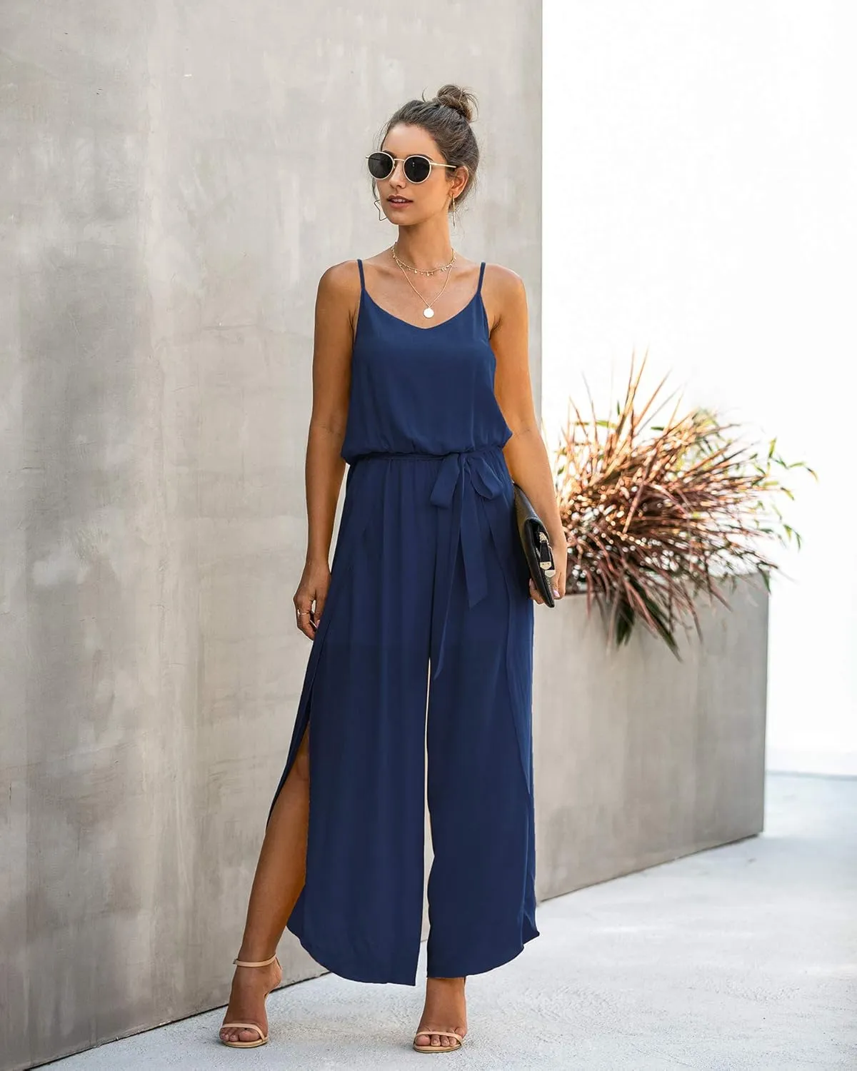 ECOWISH Womens Jumpsuit Spaghetti Strap Wide Leg Split Jumpsuits Long Overalls Summer Beach Loose Fit Rompers…