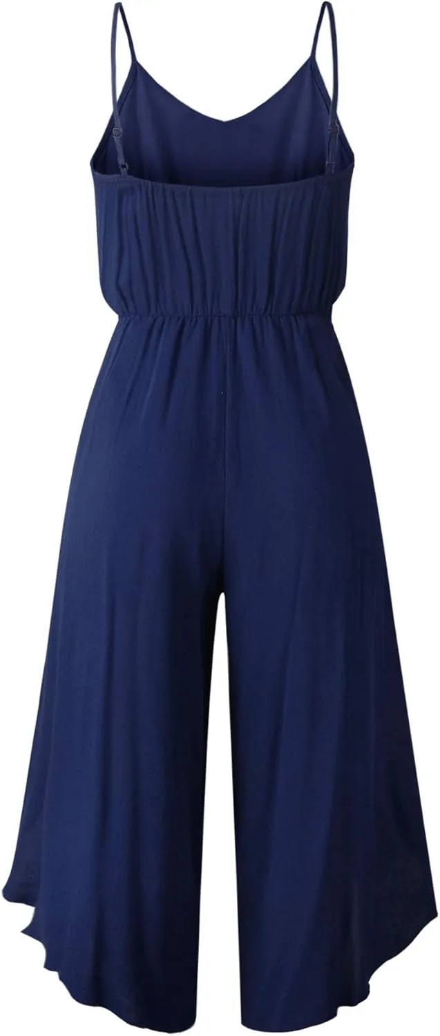 ECOWISH Womens Jumpsuit Spaghetti Strap Wide Leg Split Jumpsuits Long Overalls Summer Beach Loose Fit Rompers…
