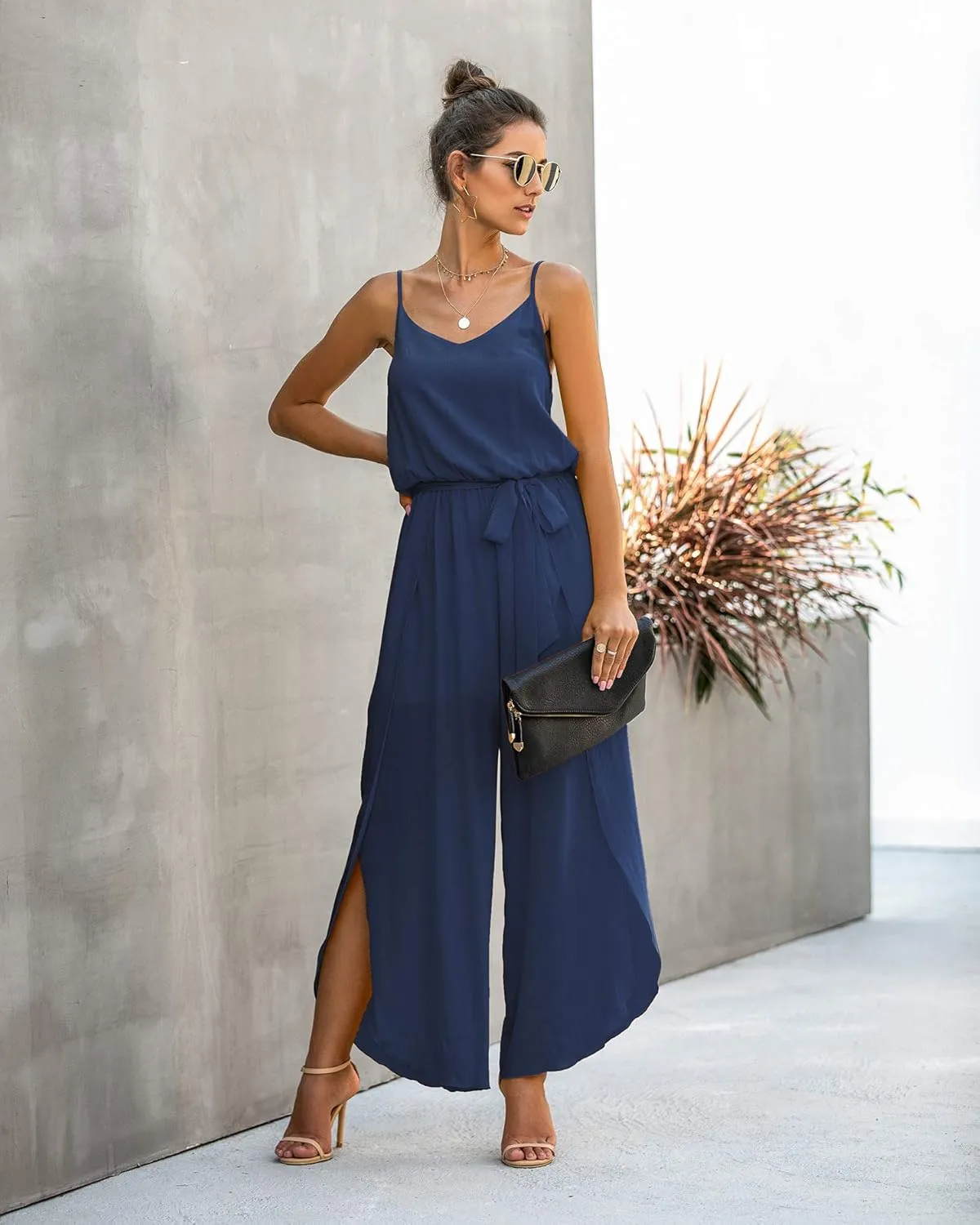 ECOWISH Womens Jumpsuit Spaghetti Strap Wide Leg Split Jumpsuits Long Overalls Summer Beach Loose Fit Rompers…