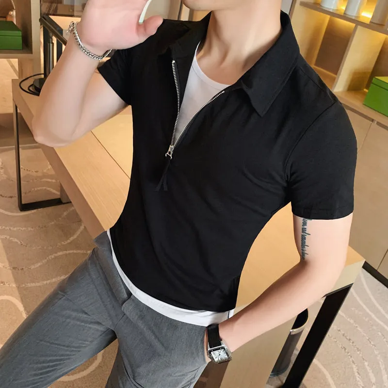 Faux Two Pieces Look Zippered Men Polo Shirt
