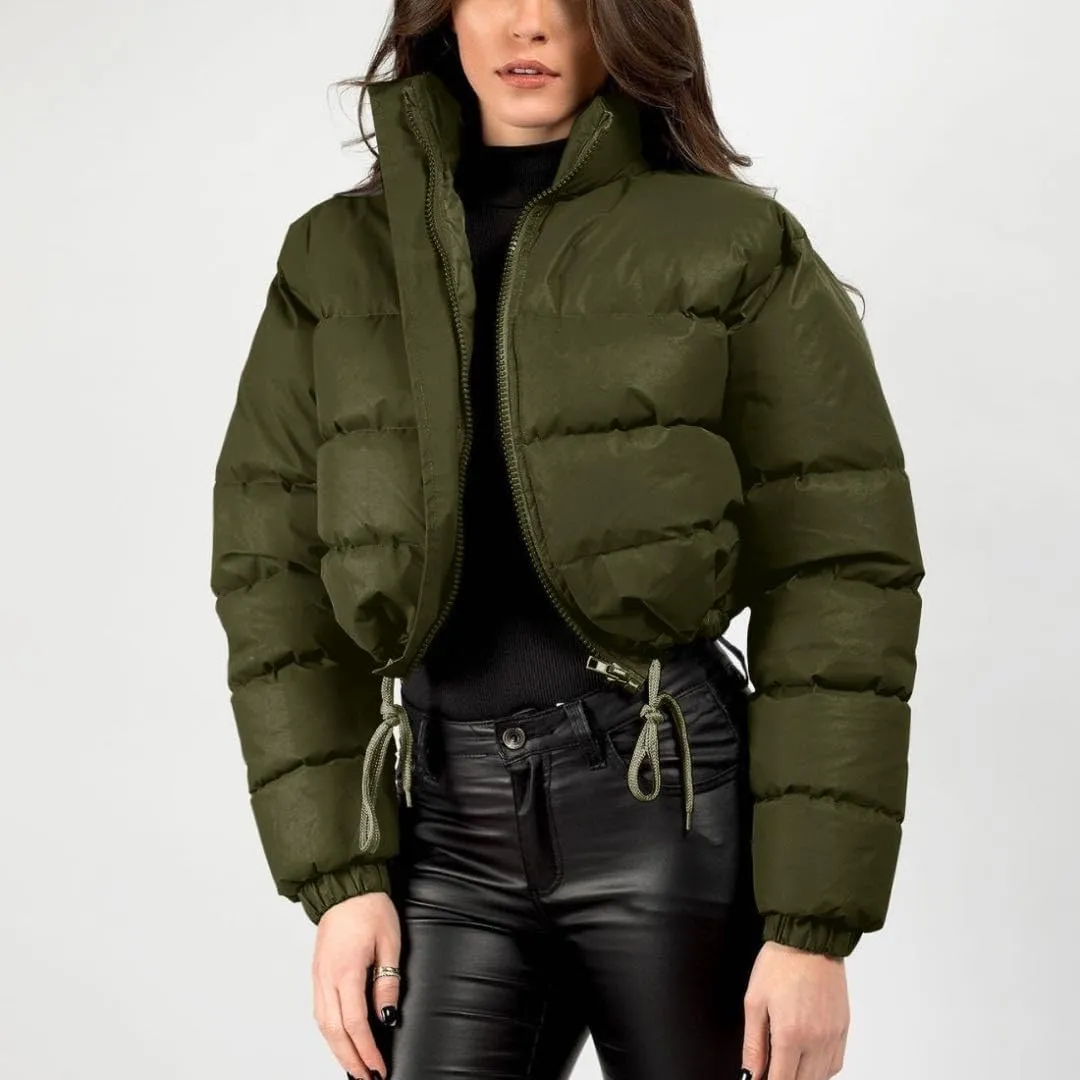 FindThy Women’s Winter Cropped Puffer Jacket Classic Long Sleeve Stand Collar Padded Down Coats