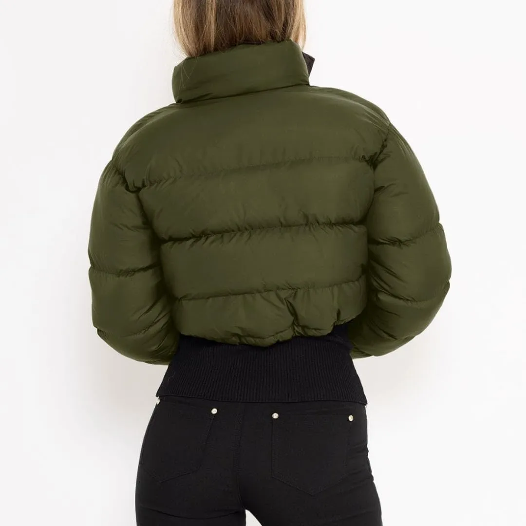 FindThy Women’s Winter Cropped Puffer Jacket Classic Long Sleeve Stand Collar Padded Down Coats