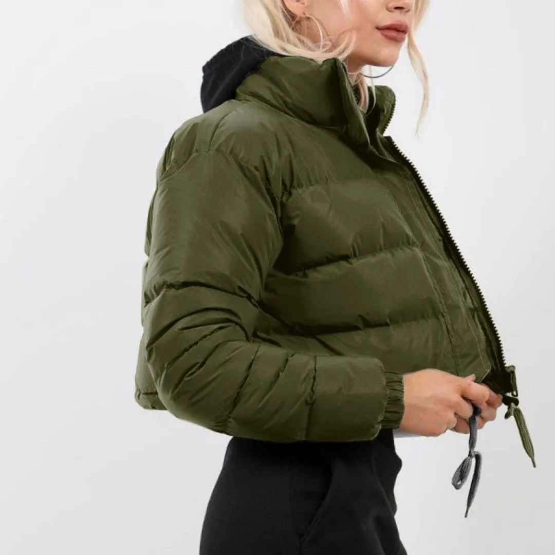 FindThy Women’s Winter Cropped Puffer Jacket Classic Long Sleeve Stand Collar Padded Down Coats