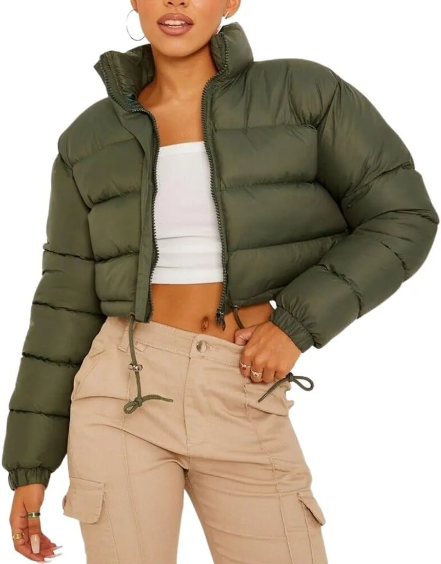 FindThy Women’s Winter Cropped Puffer Jacket Classic Long Sleeve Stand Collar Padded Down Coats