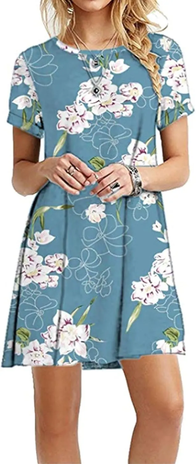 FLITAY Womens Casual Floral Simple Dress Loose Tunic T-Shirt Dress Summer Beach Flowy Dress