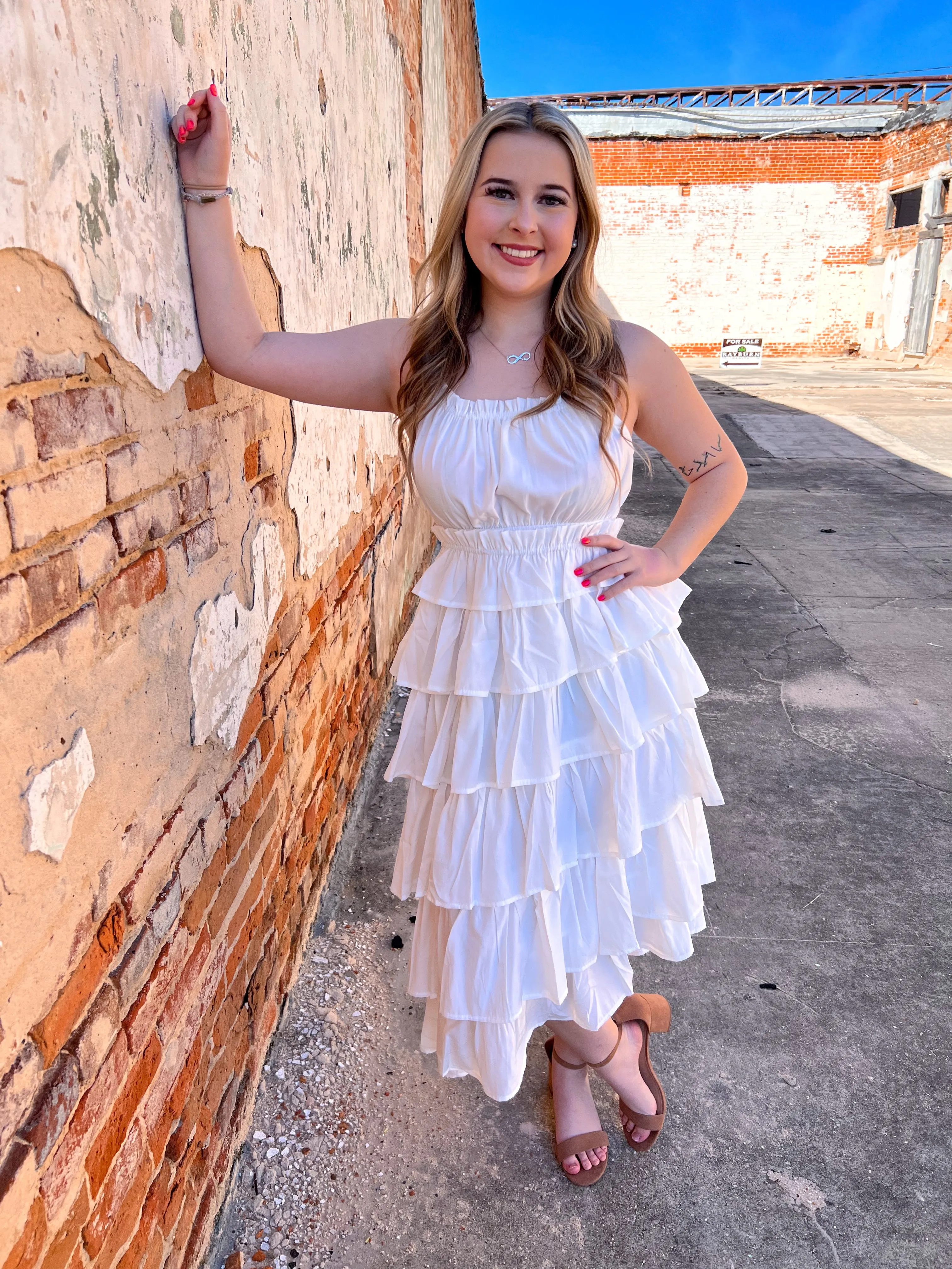 Hattie Flowy Elastic Waist Tiered Ruffle Layered Midi Dress