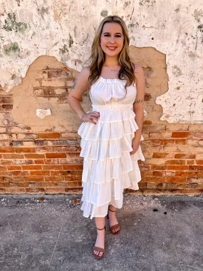 Hattie Flowy Elastic Waist Tiered Ruffle Layered Midi Dress