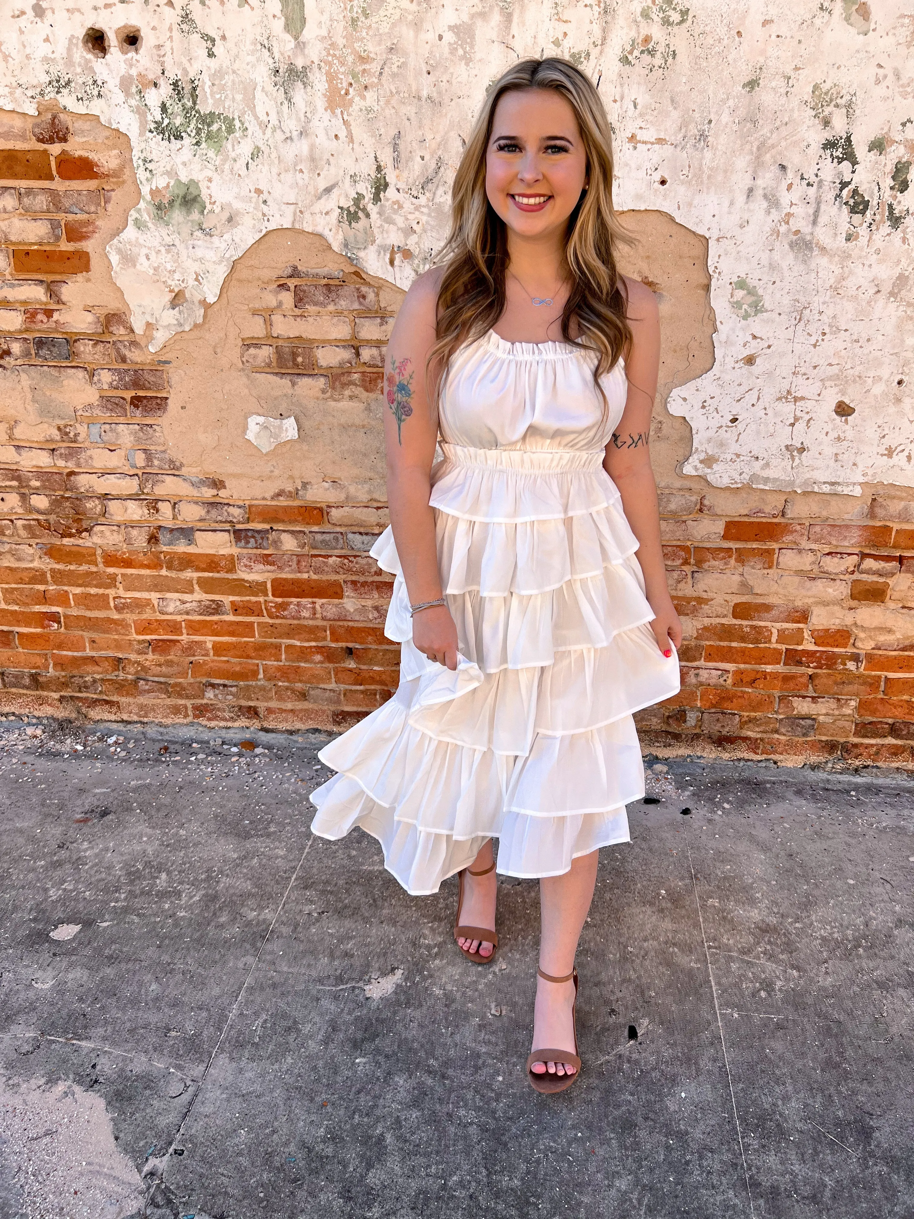 Hattie Flowy Elastic Waist Tiered Ruffle Layered Midi Dress