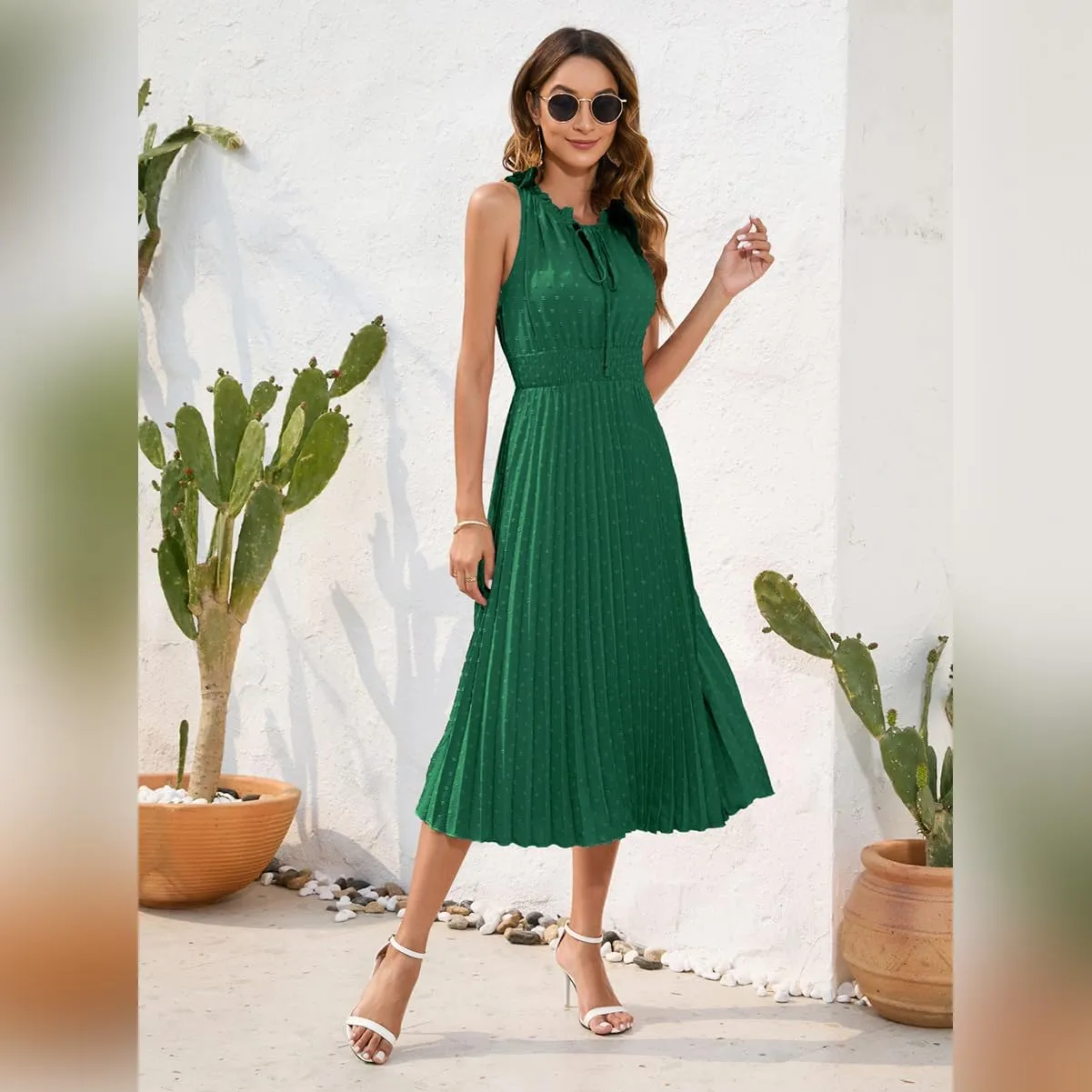 IDOPIP Women Summer Casual Pleated Midi Dress 2024 Tie Neck Swiss Dot Swing Dress Formal Shirred Waist Wedding Guest Dress